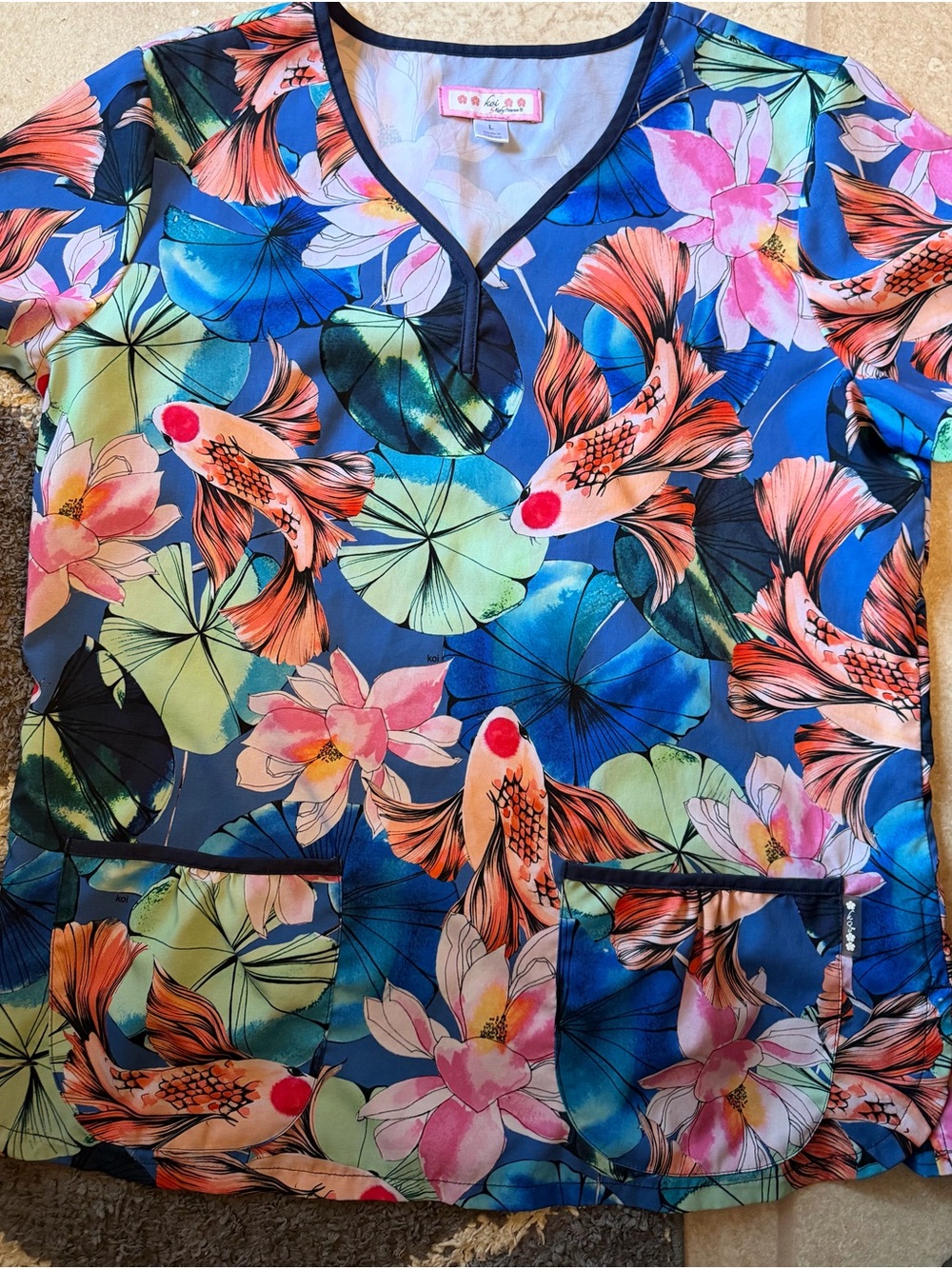 Vibrant Koi & Lotus Floral Print large nursing scrub top!
